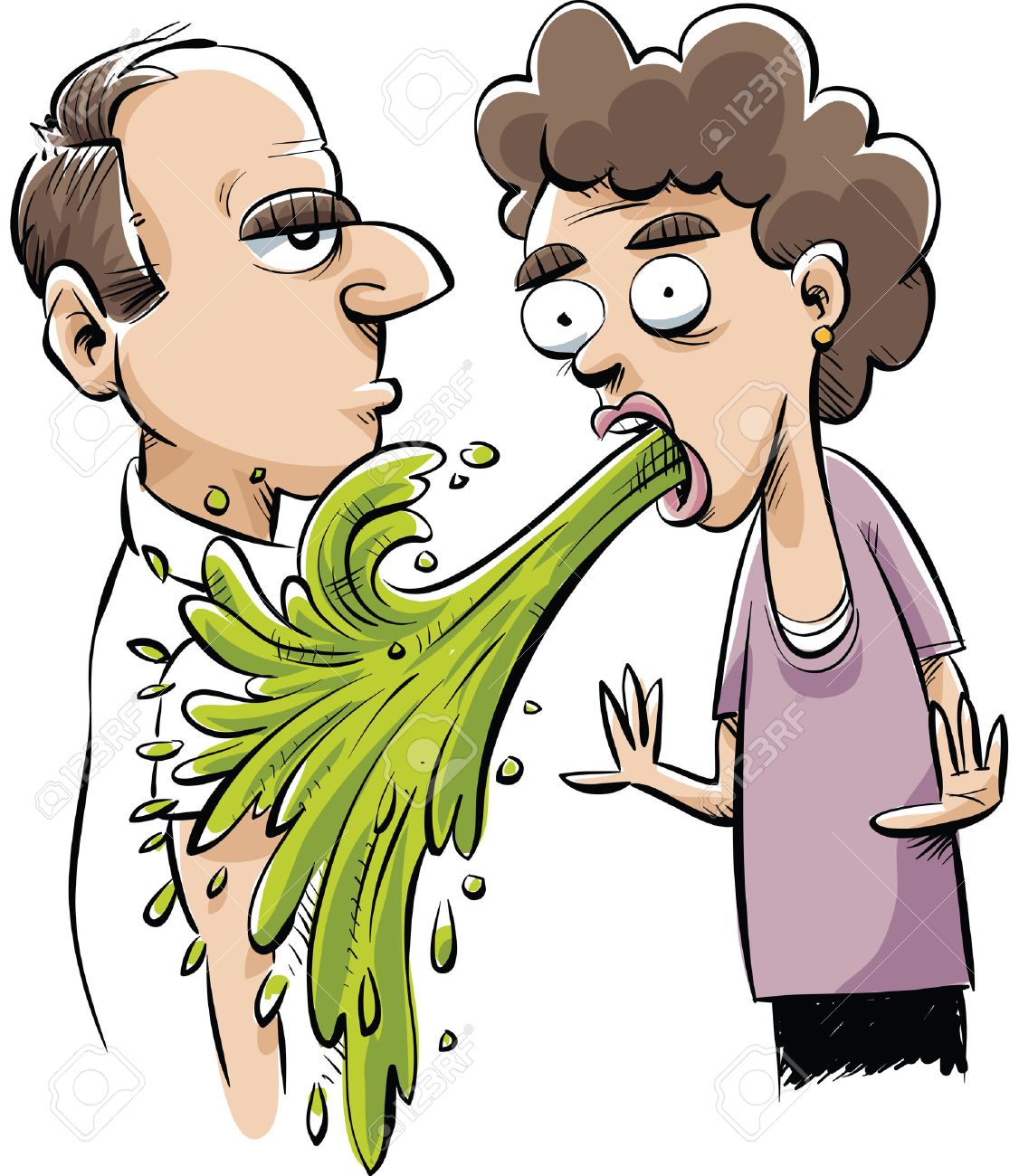 vomito de desenho animado vomita acidentalmente em um homem